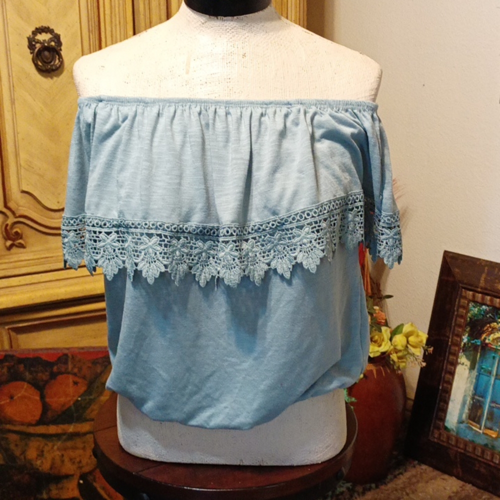Womens Shirt Crop half Off shoulder blouse crochet Knit M PAPER + TEE